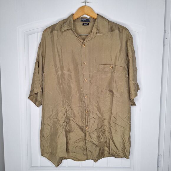 Vintage Montage Silk Shirt Mens Large Brown Lightweight Breathable Casual - Picture 1 of 5